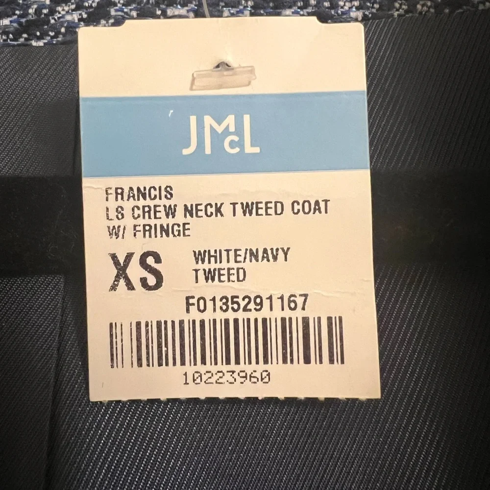 NWT J. McLaughlin Blue White Fringe Trim Tweed Francis Jacket, Size XS - Picture 4 of 5